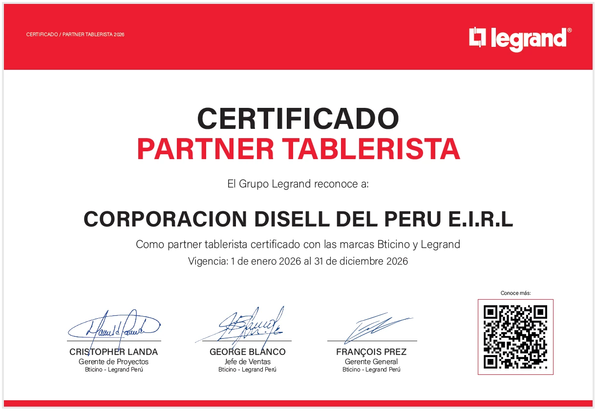 Certificado Partner Tablerista del Grupo Legrand a nombre de Corporación Disell del Perú E.I.R.L., con las marcas Bticino y Legrand, vigente del 1 de enero al 31 de diciembre de 2026.