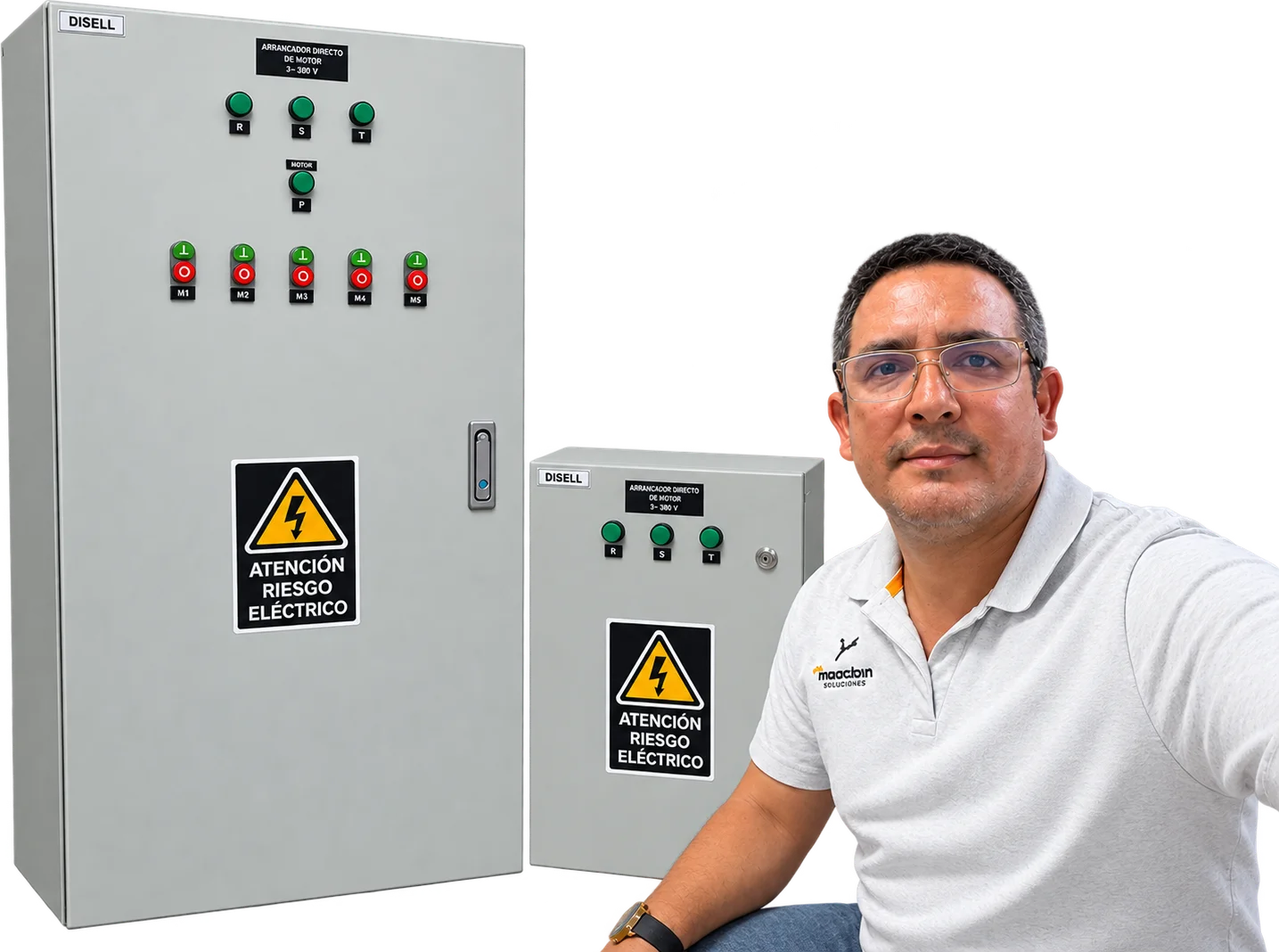 Dos tableros DISELL arrancador directo de motor trifásico, con pulsadores, luces piloto y señal de atención riesgo eléctrico, junto a un integrante del equipo.
