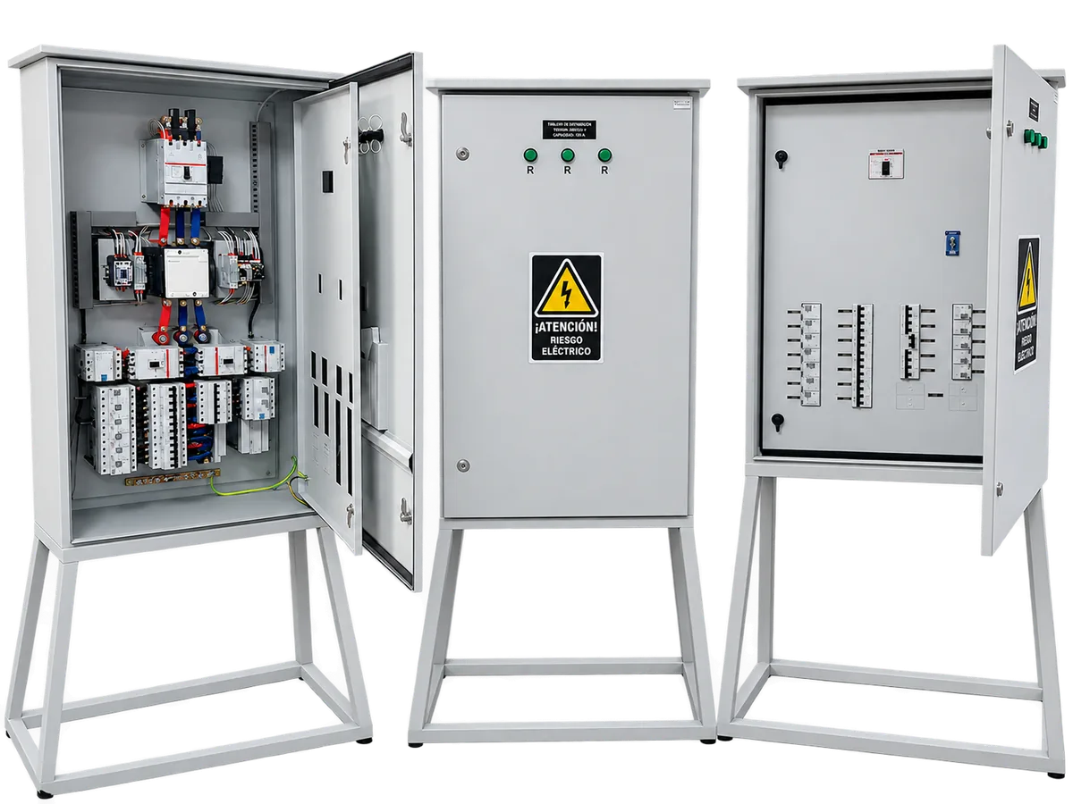 Tres tableros eléctricos DISELL de intemperie sobre pedestal metálico: uno abierto con contactores e interruptores, otro cerrado con luces piloto y señal de riesgo eléctrico, y el tercero con el frente muerto a la vista.