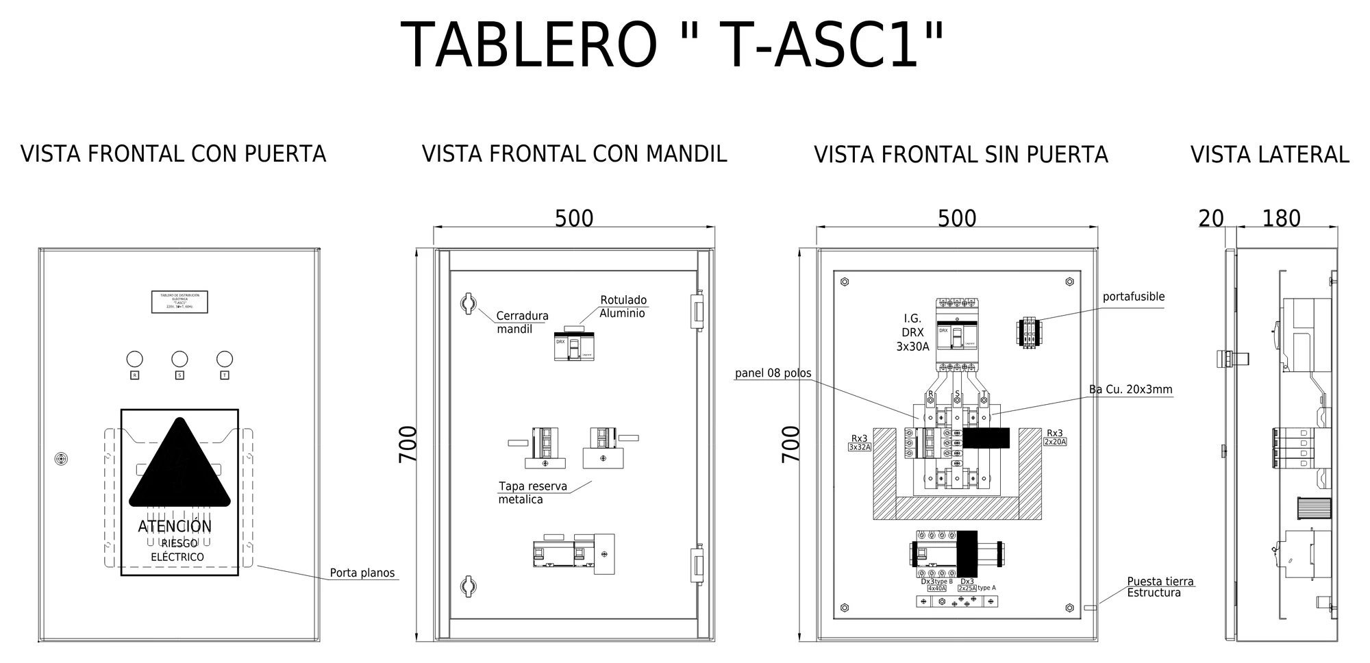 Plano mecánico en cuatro vistas del tablero de ascensor fabricado por DISELL