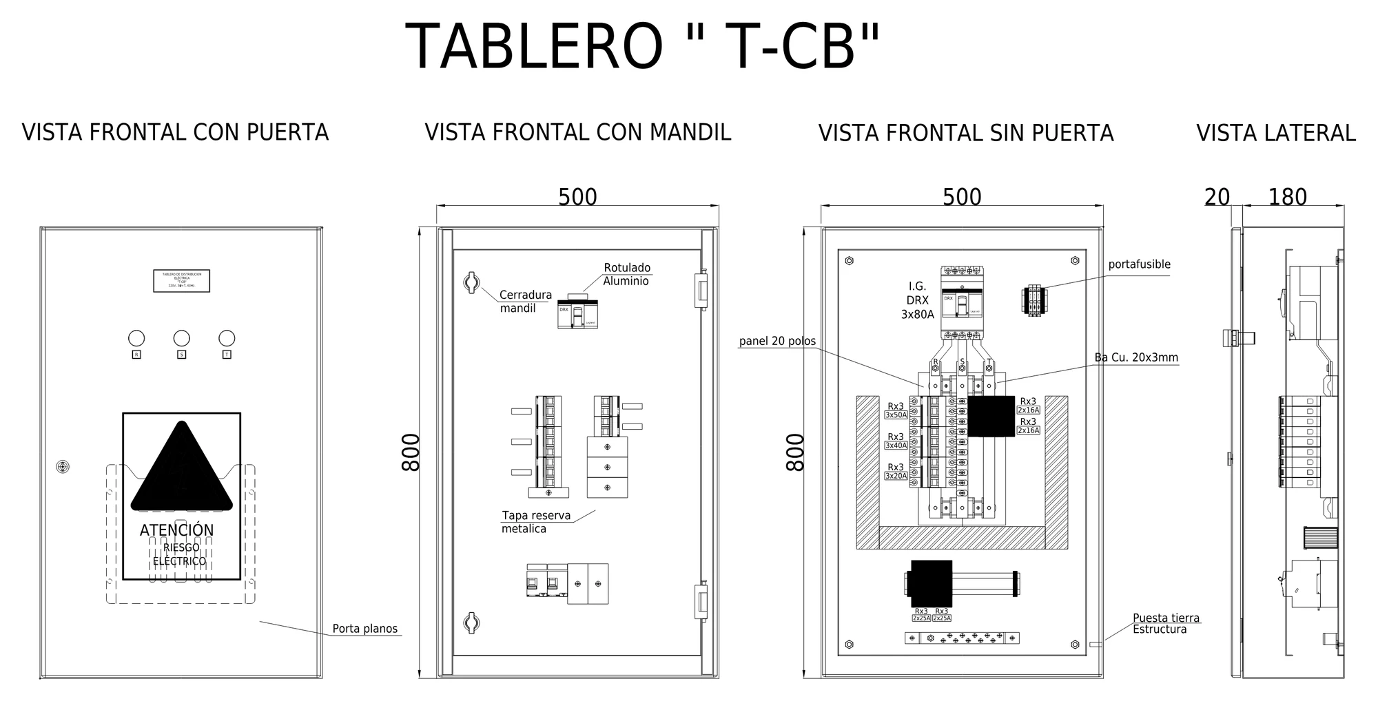 Plano mecánico en cuatro vistas del tablero de áreas comunes fabricado por DISELL