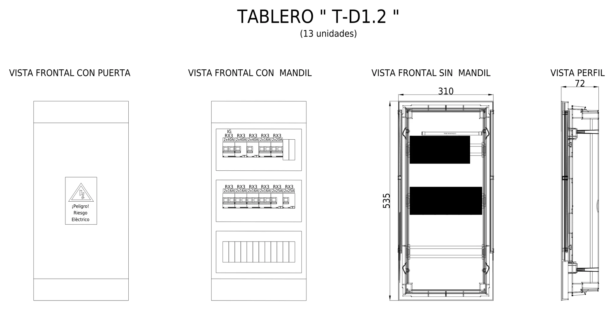 Plano mecánico en cuatro vistas del tablero de departamento fabricado por DISELL