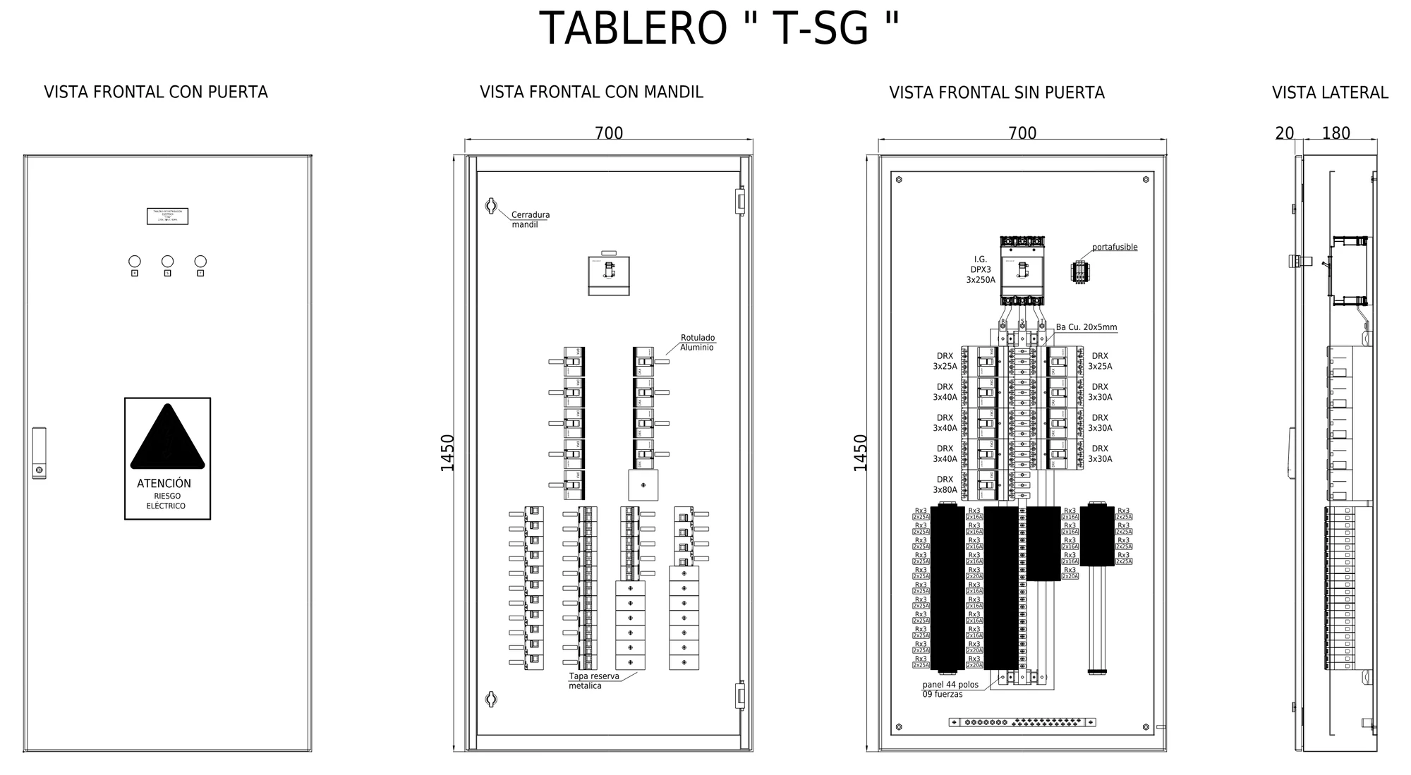 Plano mecánico en cuatro vistas del tablero general de distribución fabricado por DISELL